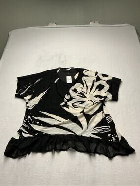Cato Blouse Womens Sz 18/20 Black Floral Short Sleeve Ruffled Hem Relaxed, 3802